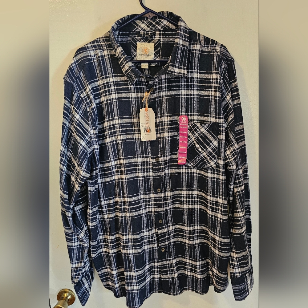 Cloudveil Mens 3XL Navy Plaid Flannel Long Sleeve Button Stretch Shirt NWT